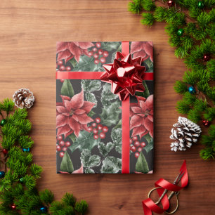Elegante Rote Poinsettias, Holly Berries, Grüne Geschenkpapier