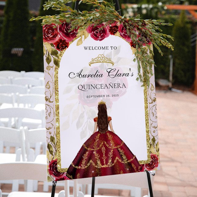 Elegante Rote Prinzessin Floral Quinceañera Geburt Poster (Von Creator hochgeladen)