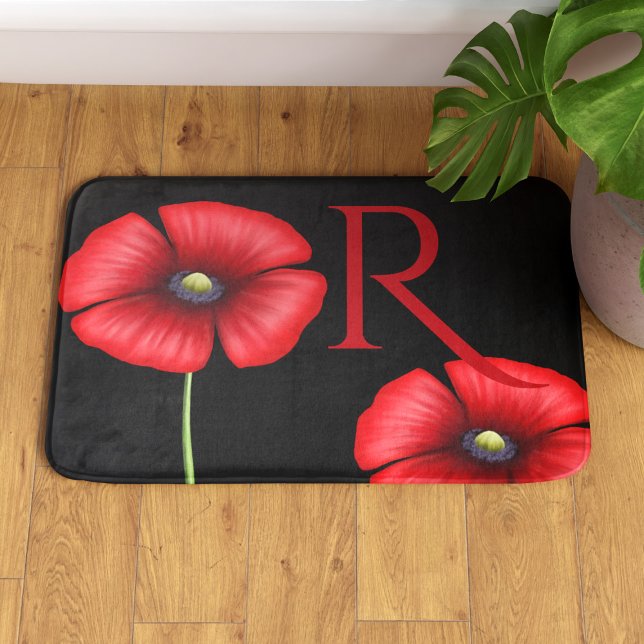 Elegante rote Pupies Monogramm schwarze Badematte (Pop your initial on this pretty poppy bath mat and pop it in your bathroom)
