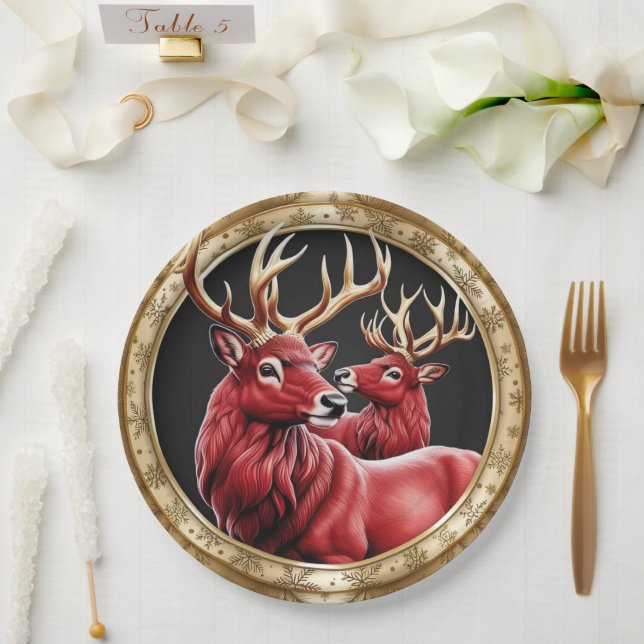 Elegante Rote Rentiere Moose Goldener Schnee frohe Pappteller (Hochzeit)