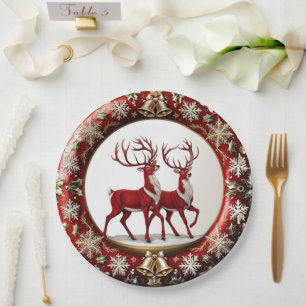 Elegante Rote Rentiere Moose Goldener Schnee frohe Pappteller