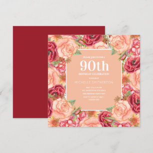 Elegante rote rosa Blumen 90. Geburtstagsfeier Fra Einladung