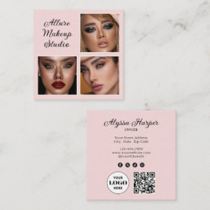 Elegante Röte Rosa Schwarz Schrift 3 Foto Make-up Quadratische Visitenkarte