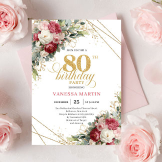 Elegante rote Röscheneinladung zum 80. Geburtstag Einladung