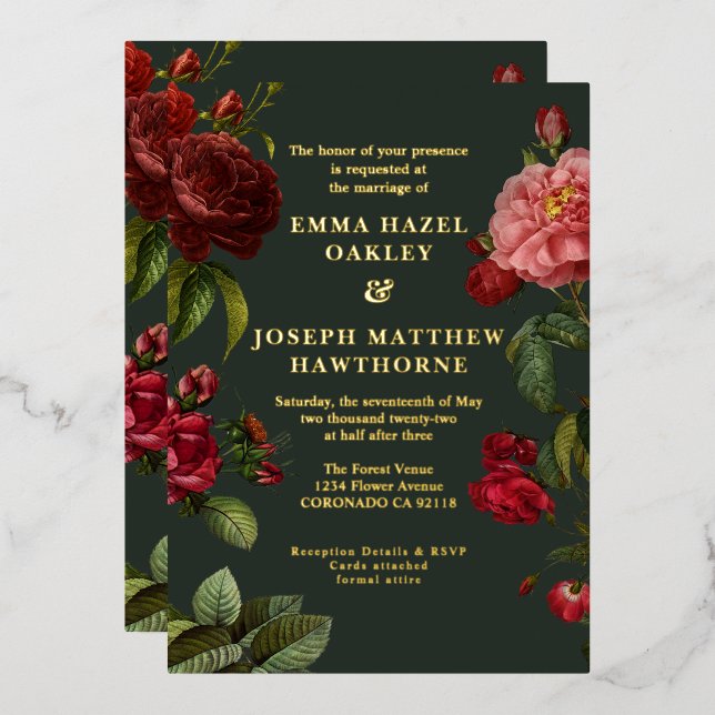 Elegante rote Rose auf Vintager Hochzeit Folieneinladung (Vorderseite/Rückseite)