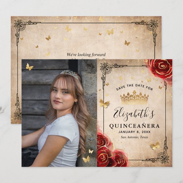 Elegante Rote Rose Black and Gold Foto Quinceanera Save The Date (Vorne/Hinten)