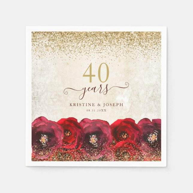 Elegante Rote Rose Bläsergolden 40-jähriges Jubilä Serviette (Vorderseite)