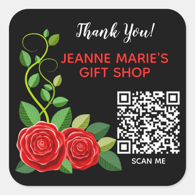 Elegante Rote Rose Blume Danke QR Code Quadratischer Aufkleber (Vorderseite)
