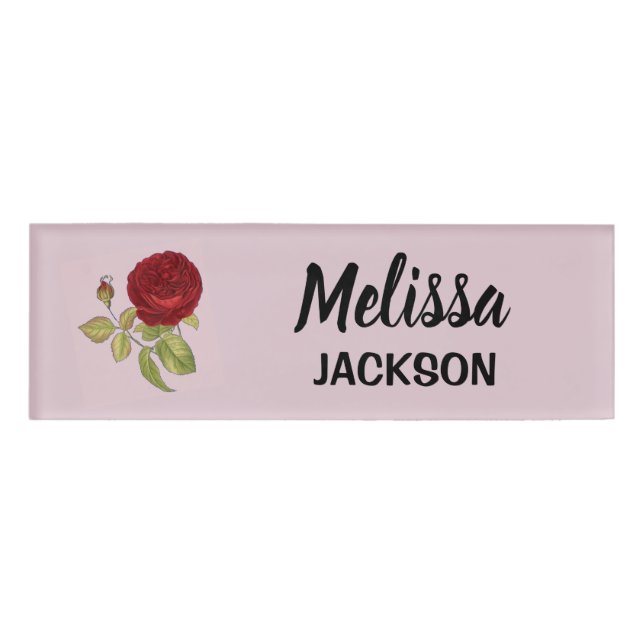 Elegante rote Rose Blume rosa Namenschild (Vorderseite)