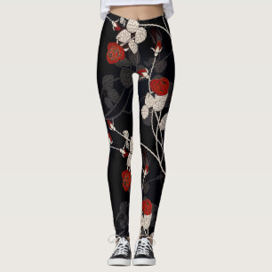 Elegante Rote Rose Blume Schwarz Leggings