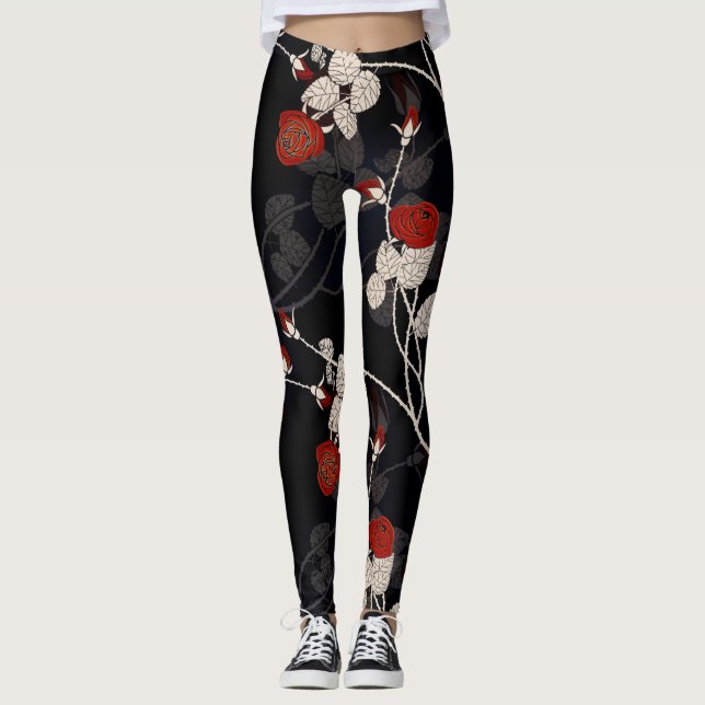 Elegante Rote Rose Blume Schwarz Leggings (Vorderseite)