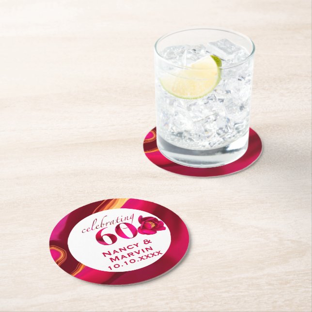 Elegante Rote Rose Blumenmuster zum 60. Jubiläum Runder Pappuntersetzer (Vor Ort)