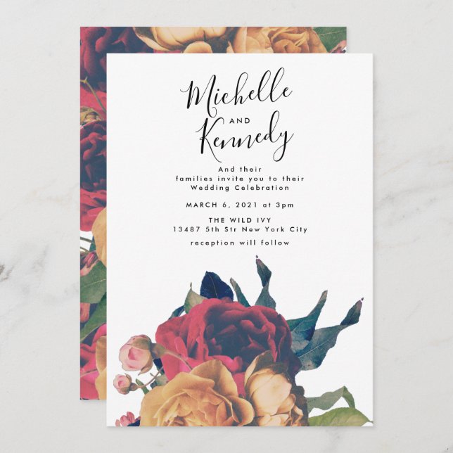 Elegante Rote Rose Botanische Hochzeit Einladung (Vorne/Hinten)