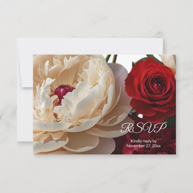 Elegante Rote Rose & Cream Peony RSVP Karte (Vorderseite)