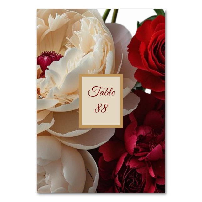 Elegante Rote Rose & Cream Peony Table Card Tischnummer (Vorderseite)