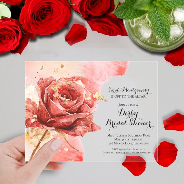 Elegante Rote Rose Derby Brautparty Acryleinladungen (Elegant watercolor red rose Derby-themed bridal shower clear acrylic invitations)