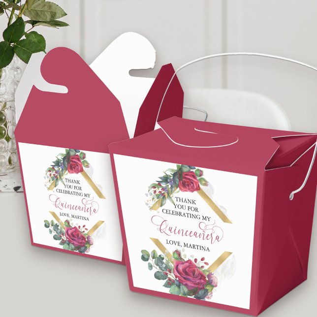 Elegante Rote Rose Eukalyptus Quinceanera Geschenkschachtel (Elegant Quinceanera favor boxes with thank you message with floral red and gold theme)