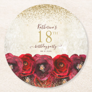 Elegante Rote Rose Floral Gold 18. Geburtstagspart Runder Pappuntersetzer