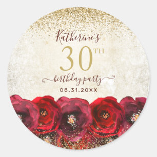 Elegante Rote Rose Floral Gold 30. Geburtstag Part Runder Aufkleber