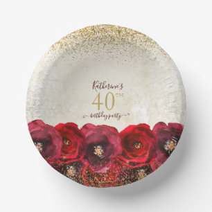 Elegante Rote Rose Floral Gold 40. Geburtstag Part Pappteller