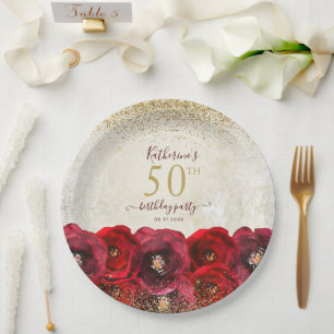 Elegante Rote Rose Floral Gold 50. Geburtstagspart Pappteller