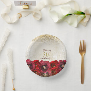Elegante Rote Rose Floral Gold 50. Geburtstagspart Pappteller