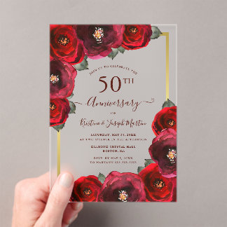 Elegante Rote Rose Floral Gold 50 Jahre Jubiläum Acryleinladungen