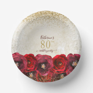 Elegante Rote Rose Floral Gold 80. Geburtstagspart Pappteller