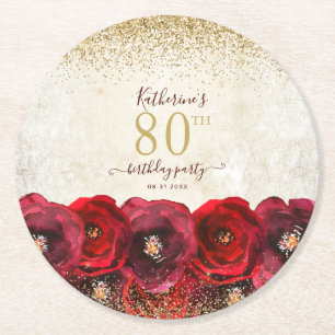 Elegante Rote Rose Floral Gold 80. Geburtstagspart Runder Pappuntersetzer