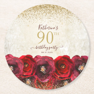 Elegante Rote Rose Floral Gold 90. Geburtstagspart Runder Pappuntersetzer