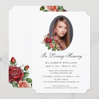 Elegante Rote Rose Florales Foto Memorial Einladung