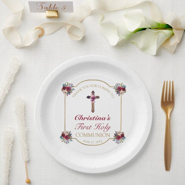 Elegante Rote Rose Gold Cross 1. Heilige Kommune Pappteller (Hochzeit)
