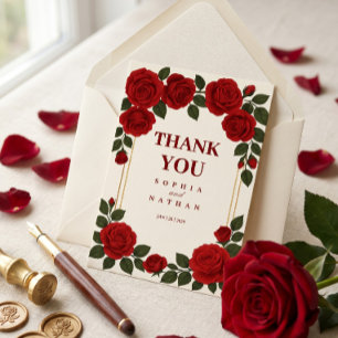Elegante Rote Rose & Gold Rahmen Hochzeit Danke sc