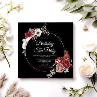 Elegante Rote Rose Golden Geburtstag Tea Party Einladung