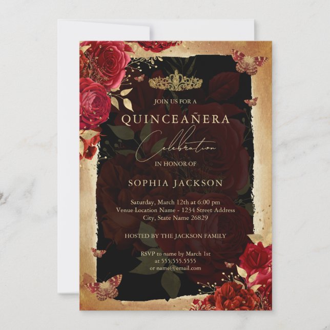 Elegante Rote Rose Goldene Quinceanera Einladung (Vorderseite)
