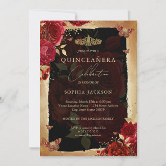 Elegante Rote Rose Goldene Quinceanera Einladung