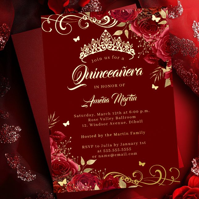 Elegante Rote Rose Goldene Swirl Quinceanera Folieneinladung (Von Creator hochgeladen)