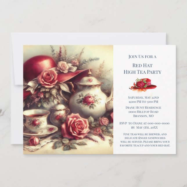 Elegante Rote Rose Hat Theme Tea Party Einladung (Vorderseite)
