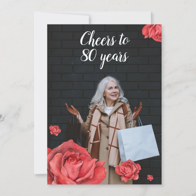 Elegante Rote Rose Mama Foto 80. Geburtstag Einladung (Vorderseite)