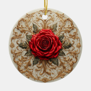 Elegante rote Rose mit aufwendigem goldenen Blumen Keramik Ornament