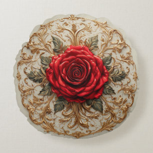 Elegante rote Rose mit aufwendigem goldenen Blumen Rundes Kissen