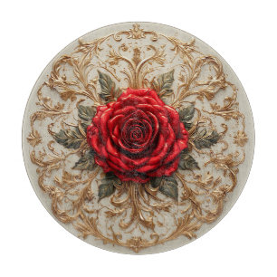 Elegante rote Rose mit aufwendigem goldenen Blumen Schneidebrett