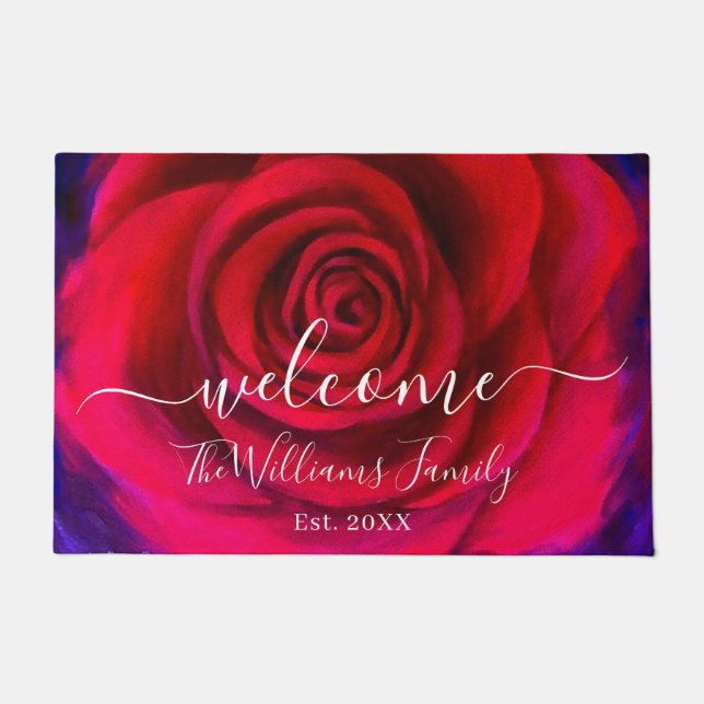 Elegante Rote Rose Name Script Willkommensfloral Fußmatte (Vorderseite)