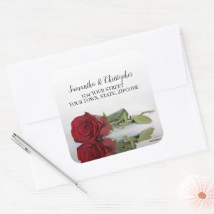 Elegante Rote Rose Reflections Wedding Address Lab Quadratischer Aufkleber