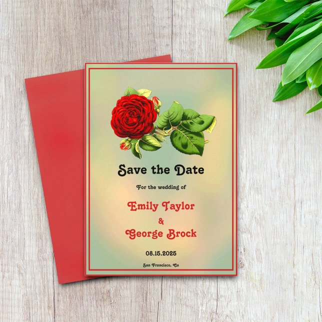 Elegante rote Rose Romantische gerahmte Blumenhoch Save The Date (Von Creator hochgeladen)