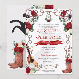 Elegante Rote Rose Rustic Mariachi Charra Quincean Einladung