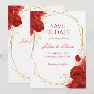 Elegante rote Rose und goldene geometrische Save-t Einladung