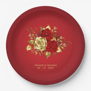 Elegante Rote Rose- und Goldhochzeit Pappteller