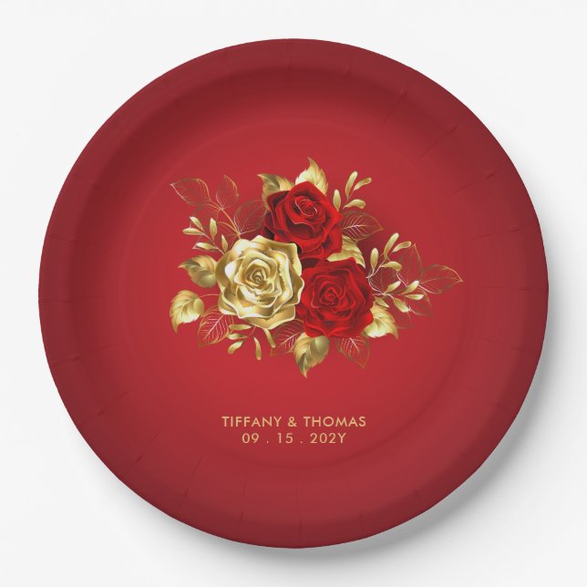 Elegante Rote Rose- und Goldhochzeit Pappteller (Vorderseite)
