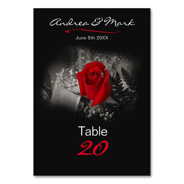 Elegante Rote Rose Vignette Black Classic Table Nu Tischnummer (Vorderseite)